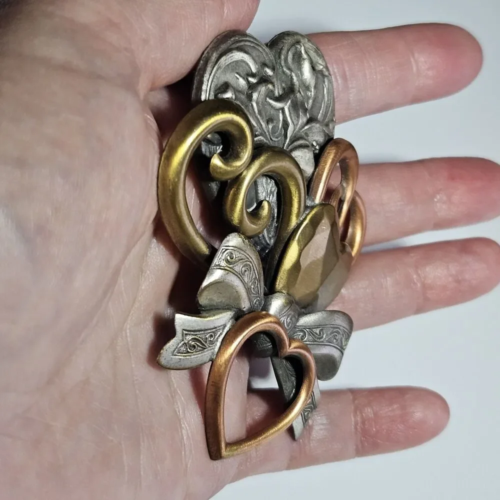 Vintage K&T HEART Brooch Mixed Metal Love Pin Silver Brass Tone Signed Jewelry